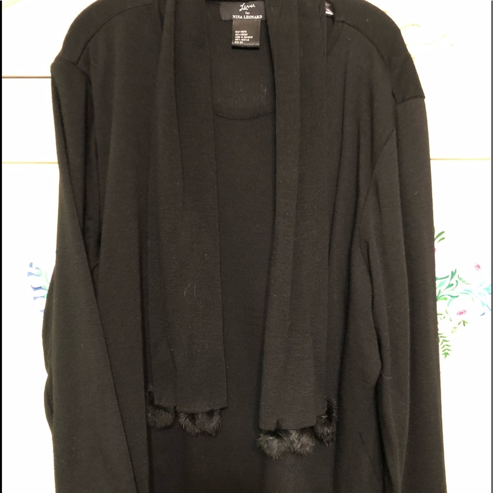 Nina Leonard black sweater with fur Pom poms